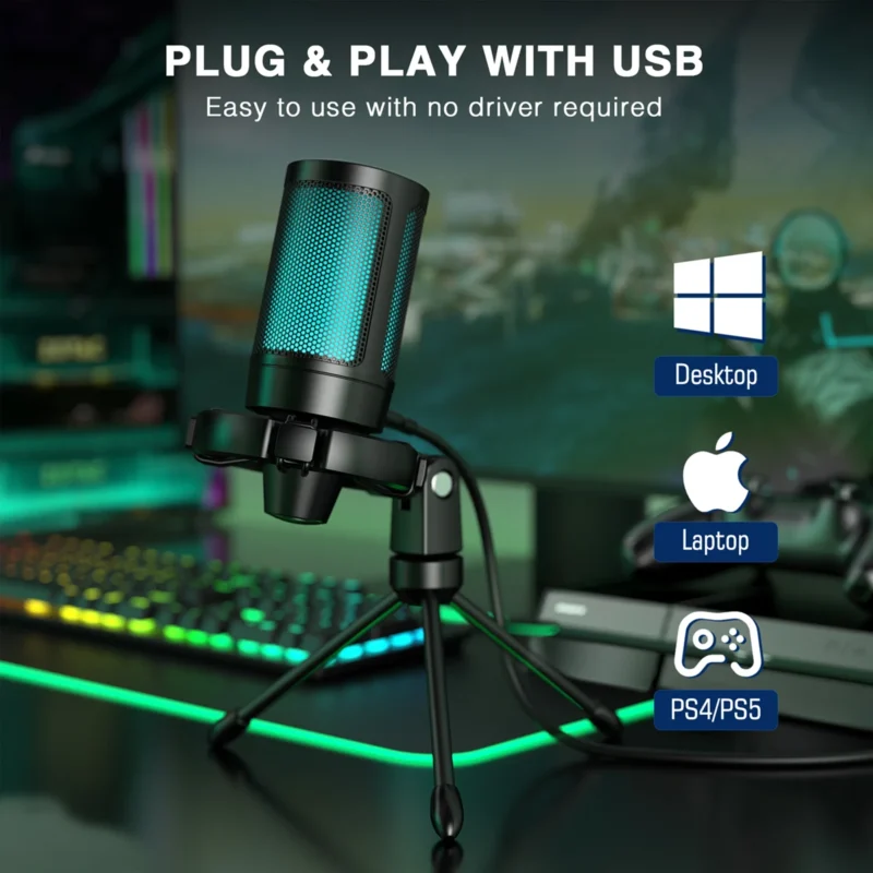 AmpliGame by FIFINE RGB USB Gaming Microphone with Light-touch Mute,Condenser Mic with Tripod for PC,PS4/5,Laptop Streaming-A2 - Image 6